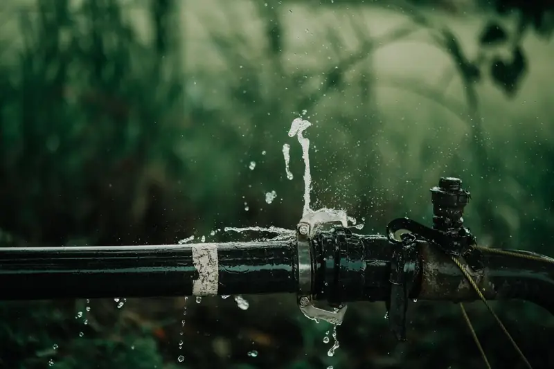 Water spraying from a leaking joint on an outdoor water pipe