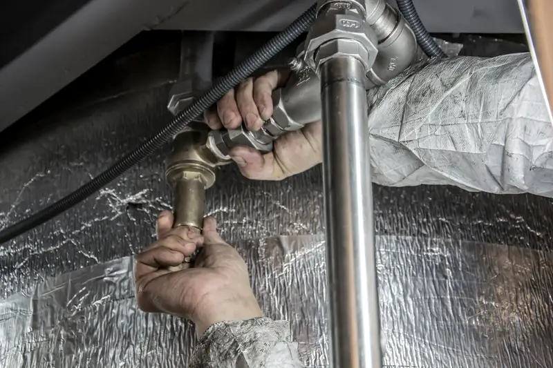 Hands tightening a pipe fitting with a wrench next to foil-wrapped insulation